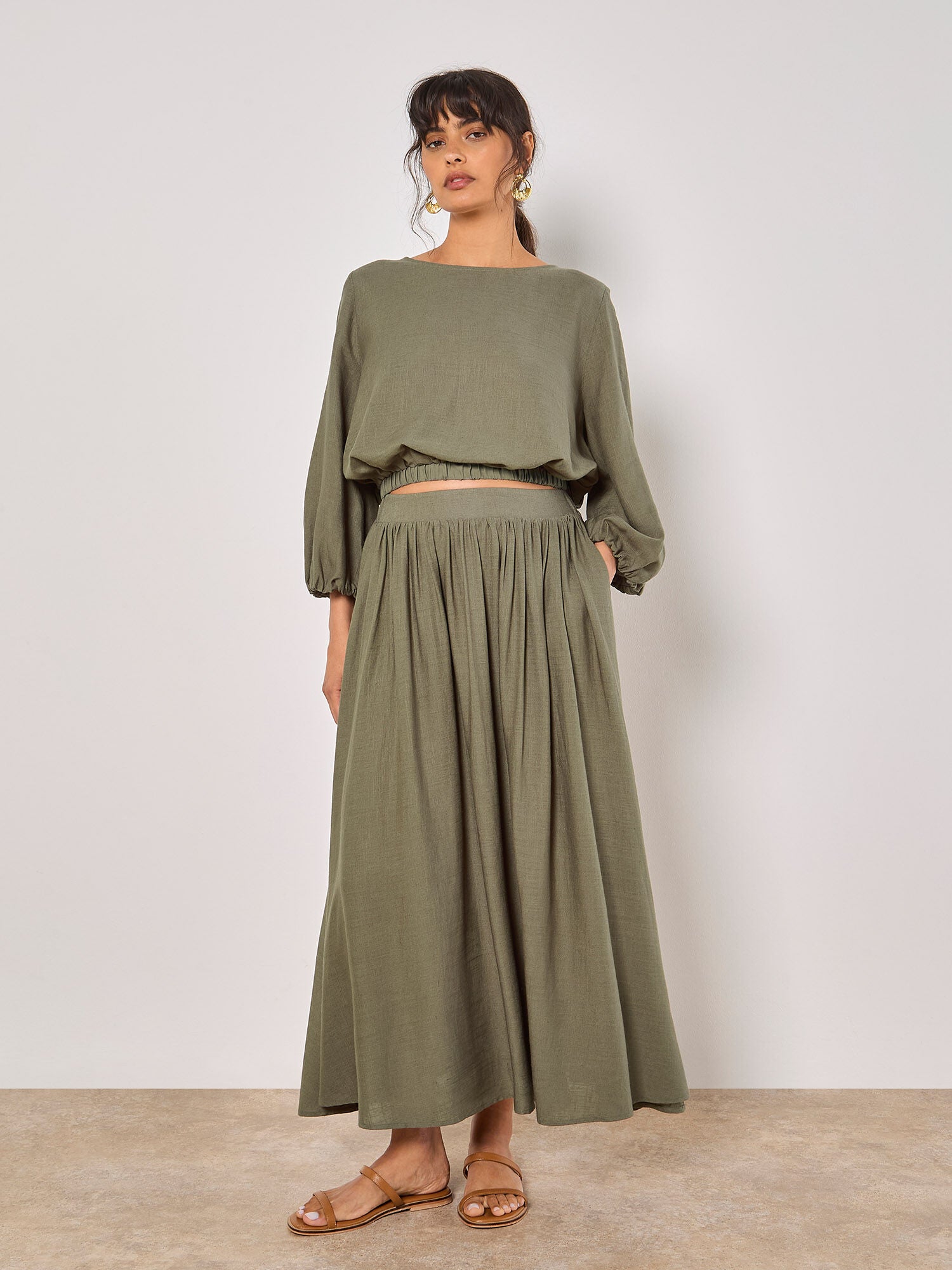 APRICOT LINEN BLEND GATHERED A LINE MAXI SKIRT